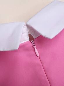 SHEIN 青少年女孩春秋冬款梭織粉色與白色拼接領口2合1休閒校園風可愛荷葉邊裝飾蘑菇鈕扣拼接長袖長洋裝，秋冬校服 - 粉色 - 查看 11