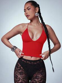 Denimoi 紅色夏季性感細肩帶露背V領背心上衣，適合GNO、夜店、演唱會、音樂節派對穿搭 - 紅色 - 查看 4