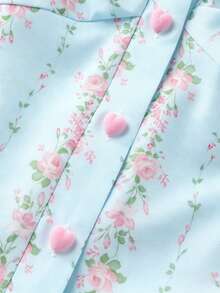 SHEIN PETITE 復古甜美風碎花蕾絲飾邊修身女式襯衫 - 藍色 - 查看 5