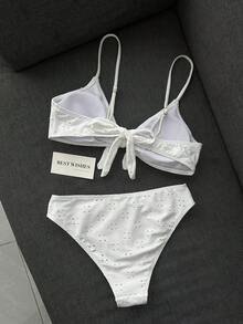 Sunnyshic 女款兩件式比基尼泳衣套裝，白色刺繡網布，雙肩帶，適合海灘、海島、泳池派對的休閒百搭泳裝 - 白色 - 查看 5