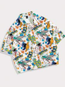LOONEY TUNES X SHEIN FROVYX Men's Letter Cartoon Print Short Sleeve Single-Breasted Cropped Shirt Vacation White Summer Streetwear - Multicolor - View 3