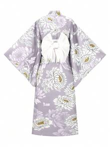 Irokai 女款日式花卉印花和服襯衫與細肩帶洋裝浴衣套裝 - 淡紫色 - 查看 2
