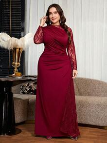 Reflora Plus Size Women's Lace Patchwork Pleated Elegant Cinched Waist Party Dress,Elegant Long Party Dress,Mother,Luxury Evening Dress For Women,Party Dress - Burgundy - View 8