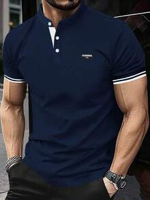 Manfinity Homme 男士條紋短袖休閒通勤 Polo 衫 - 寶藍色 - 查看 1