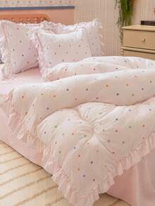 SHEIN 3-Piece Set Of Wrinkled Yarn Korean Lace Bedding Quilt Cover Set, Including 1 Quilt Cover And 2 Pillowcases (Excluding Core), Cute Color Polka Dot Printing Quilt Cover, The Fabric Is Comfortable And Soft, Suitable For All Seasons - Multicolor - View 8