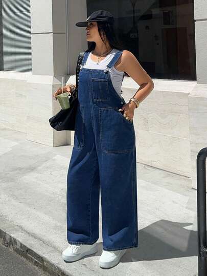 Rivivi Overol de mezclilla casual de moda con múltiples bolsillos para mujer de talla grande
