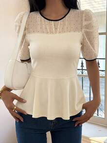 FRIFUL Women's Contrast Color Patchwork Sheer Lace Slim Fit T-Shirt, Versatile For Spring & Summer - Beige - View 1