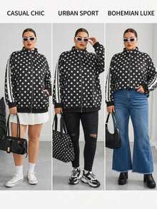 SHEIN CURVE+ 新款極簡波點大尺碼秋季夾克，休閒寬鬆高領單件，2026冬季 22W 時尚週黑色 - 黑色 - 查看 7