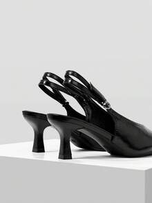 Mnmlis V-Shaped Hollow Double Thin Belt Adjustable Buckle, Pointed Toe Thin Middle Heel Simple Commuting Soft Leather Black Slingback Shoes - Black - View 5