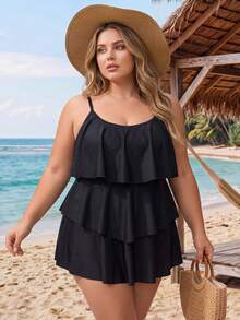 SHEIN CURVE+ 2026Summer Beach Plus Tiered Ruffle Hem One Piece Swimsuit - Black - View 5
