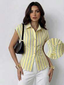 Firerie Women's Blue And Yellow Striped Cap Sleeve Blouse Side Ruched Back Tie Waist Top Teacher Commuter Business Cinched Design Casual Teachers' Day Summer - Light Yellow - View 6