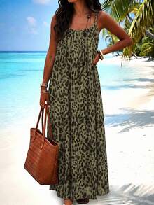 SHEIN Swim 夏季新款豹紋網紗長款優雅波希米亞風性感休閒細肩帶罩衫洋裝，女款復活節度假鄉村假期海灘綠色 - 軍綠色 - 查看 4