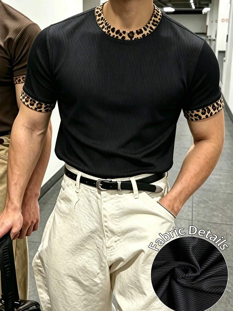 Resyla Men Men's Patchwork Leopard Print Crew Neck Short Sleeve Casual Streetwear T-Shirt Going Out Club Black And White Leopard Print Summer - Grey - View 1