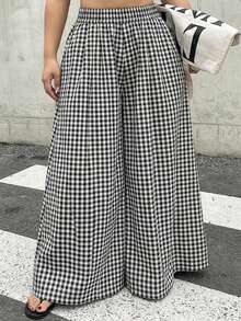 Dazy Plus Plus Size Plaid Elastic Waist Loose Wide Leg Pants Casual Spring Summer Autumn - Black and White - View 5