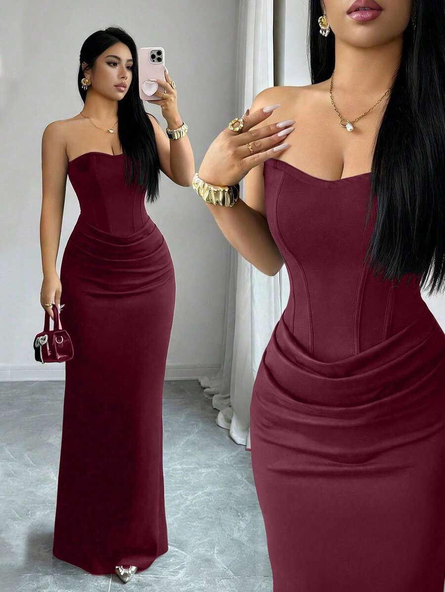 Allurite Sommer Neues sexy Kleid, trägerlos mit Kunst-Fischgräten-Linien-Dekor, figurbetontes Meerjungfrau-Langkleid, Taillendrapierung-Design, Hochzeit, Abendessen, Cocktail, elegant - Bordeaux - Übersicht 1