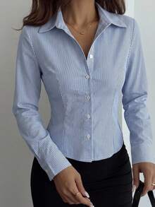 DAZY Women's Striped Minimalist Casual Long Sleeve Shirt - Blue - View 8