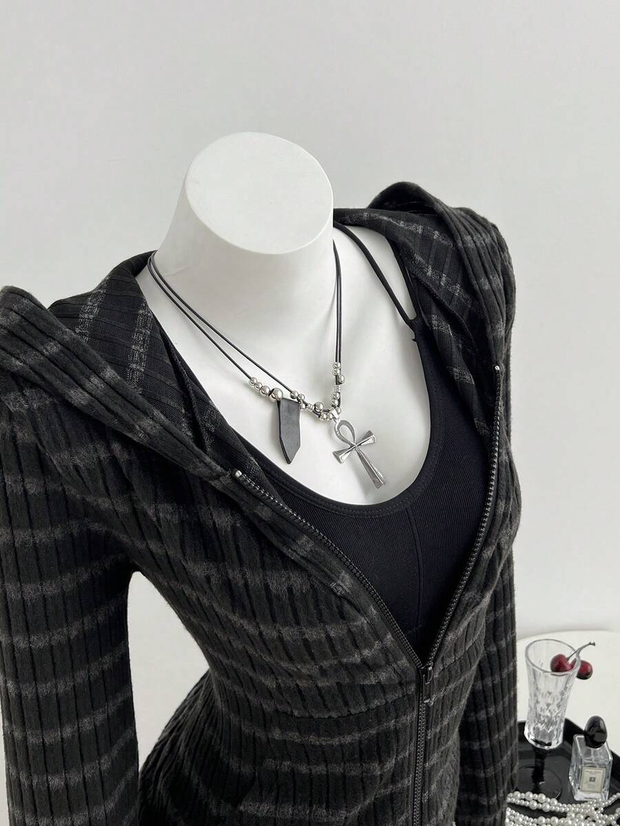 SHEIN ICON 女款秋冬黑色針織羅紋抓絨修身開襟拉鍊連帽運動衫,復古休閒街頭風,適合大學日常通勤、運動居家多用途 - 黑色 - 查看 1
