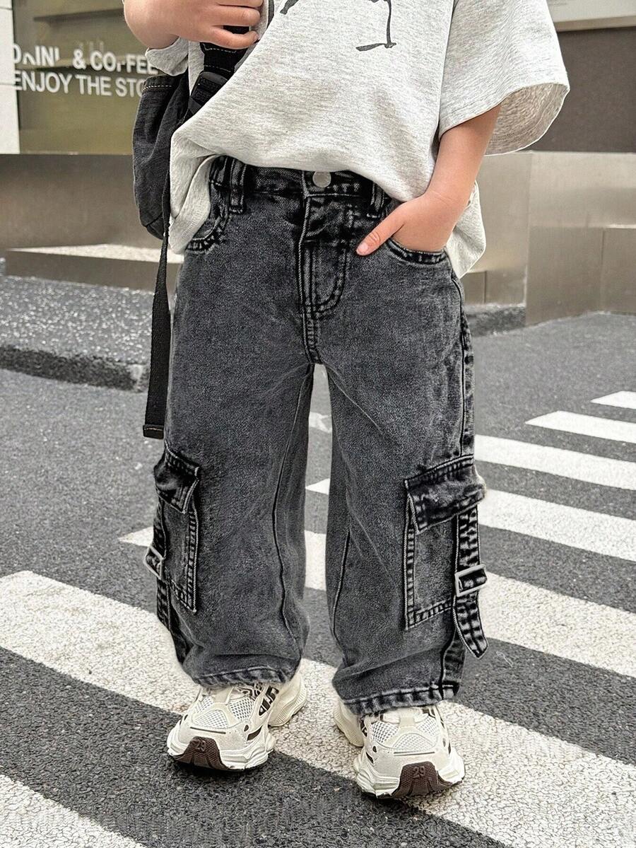 SHEIN Celana Jeans Hitam Longgar Model Distressed Washed Modis untuk Anak Laki-Laki, Dilengkapi Saku Kargo, Santai dan Serbaguna untuk Streetwear Musim Semi - Dark Grey - View 1