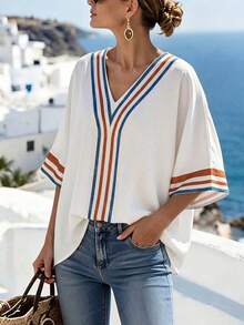 SHEIN LUNE Blusa holgada para mujer con cuello en V, estampado de rayas, manga media, casual para ir al trabajo, camisa minimalista elegante para vacaciones - Multicolor - Ver 5