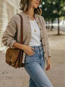 Balvessa Damen einfarbiger Raglan-Langarm-Strick-Cardigan mit einreihiger Knopfleiste, lässig - Kamelfarben - Übersicht 3