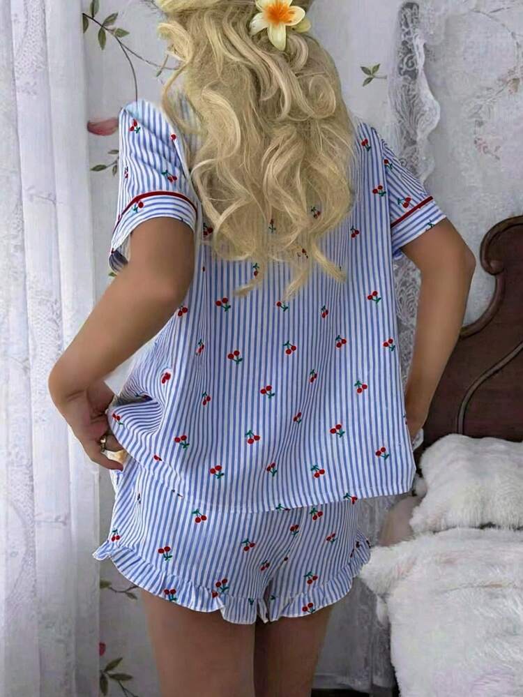 CottageSlumber Set Piyama Atasan Lengan Pendek Motif Garis-Garis Cherry dan Celana Pendek Berhiaskan Rumbai - Biru - View 2