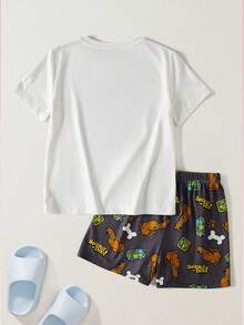 SCOOBY-DOO X SHEIN Tween Boy Letter Cartoon Print Short Sleeve Top And Shorts Casual Daily Home Sleepwear Set - Grey - View 2