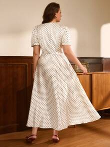Auvina Fashionable Elegant Commuter Urban OL Style Small Polka Dot V-Neck Petal Sleeve Cinched Waist Plus Size Dress - Apricot - View 2