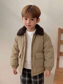 DAZY Young Boy Contrast Color Lapel Long Sleeve Single-Breasted Winter Jacket - Army Green - View 4