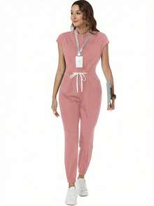 TaskEZ Solid Color Drawstring Waist Scrub Uniform Jumpsuit - Pink - View 3