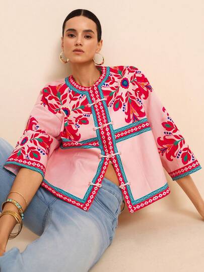 LOTSLUV Women's Early Autumn Casual Commute, Pink And Fuchsia Graphic Print, Round Neck Mid-Sleeve Loose Cropped Jacket