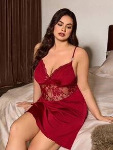 Slumberist Plus Size Rhinestone Buckle Black Lace Spaghetti Strap Cinched Waist Draped Women's Nightgown Night Summer - Burgundy - View 1