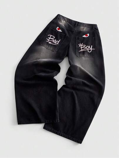 ROMWE MEN Men's Embroidered Pattern Curved Loose Fit Jeans