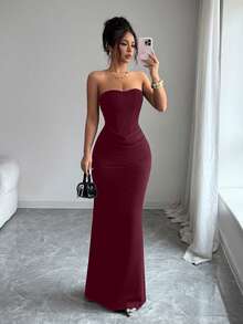 Allurite Sommer Neues sexy Kleid, trägerlos mit Kunst-Fischgräten-Linien-Dekor, figurbetontes Meerjungfrau-Langkleid, Taillendrapierung-Design, Hochzeit, Abendessen, Cocktail, elegant - Bordeaux - Übersicht 7
