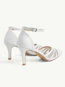 CUCCOO CHICEST Women's White Mesh Leather Stitched Back Empty High Heels, Pointed Ankle Strap Stiletto Commuter Shoes - White - View 8