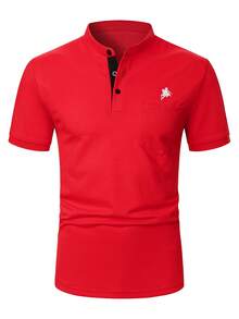 Manfinity Homme 男士時尚騎士刺繡鈕扣半開襟短袖 Polo 衫 - 紅色 - 查看 3