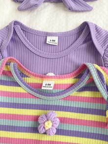 2pcs Baby Girls Fall Winter Pink Purple Colorful Ribbed Ribbed Long Sleeve Romper & Matching Bow Headband Set - Purple - View 6