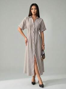 SHEIN PETITE Women's Fashionable Beige Long-Sleeve Collared Commuter Dress Teachers' Day Office Summer French Elegant - Apricot - View 9