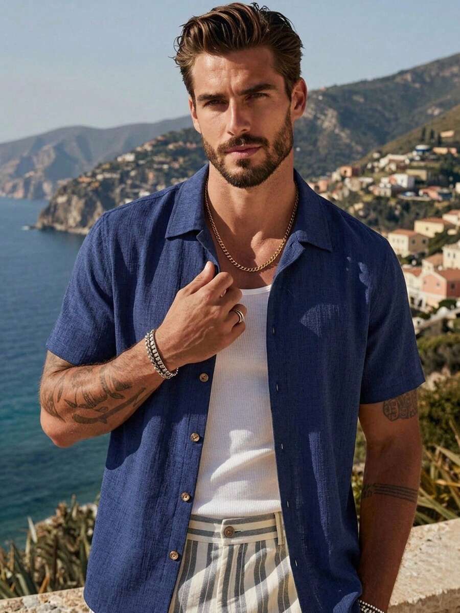 HIMLAND Men's Short Sleeve Button-Down Shirt, Navy Blue Casual Casual Textured Crinkle Linen-Feel Shirt, Summer Tops Vacation - Blue - View 1