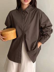 DAZY Camisa oversize con botones y hombros caídos, manga larga, ropa de otoño - Marrón Chocolate - Ver 11