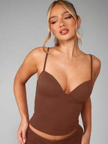 MISSGUIDED Longline Corset Tank Top With Bustier Detail Fitted Ribbed Bodycon Top - Coffee Brown - View 5