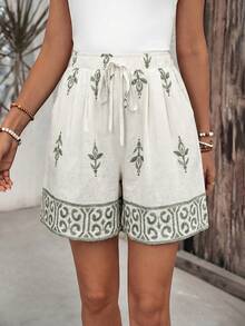 EMERY ROSE Women's Drawstring Waist Pattern Print Casual Boho Modest Shorts Vacation Pastel Green Summer Beach Panlakad - Green - View 4