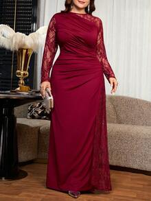 Reflora Plus Size Women's Lace Patchwork Pleated Elegant Cinched Waist Party Dress,Elegant Long Party Dress,Mother,Luxury Evening Dress For Women,Party Dress - Burgundy - View 3