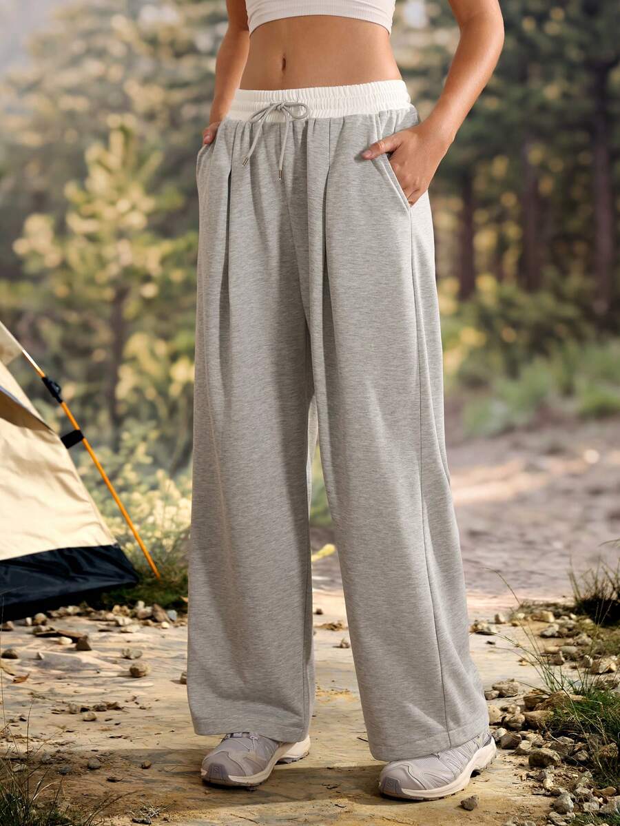 Exploreva Exploreva Women's Casual Versatile Colorblock Drawstring Waist Pocket Outdoor Sweatpants - Grey - View 1