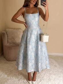 SHEIN Vintage 3D Floral Embossed Print Sleeveless A-Line Dress, Women's Holiday Dress, Women's Vacation Dress, Women's Party Dress, Elegant Vintage Women's Dress. Luxury Banquet Party Tea Dress, French Backless Hollow Elegant Princess Dress, Sexy Elegant Summer Women's Dress, Birthday Mid-Length Wedding Guest Dress, Mid-Length Elegant Bridal Dress, - Blue - View 1
