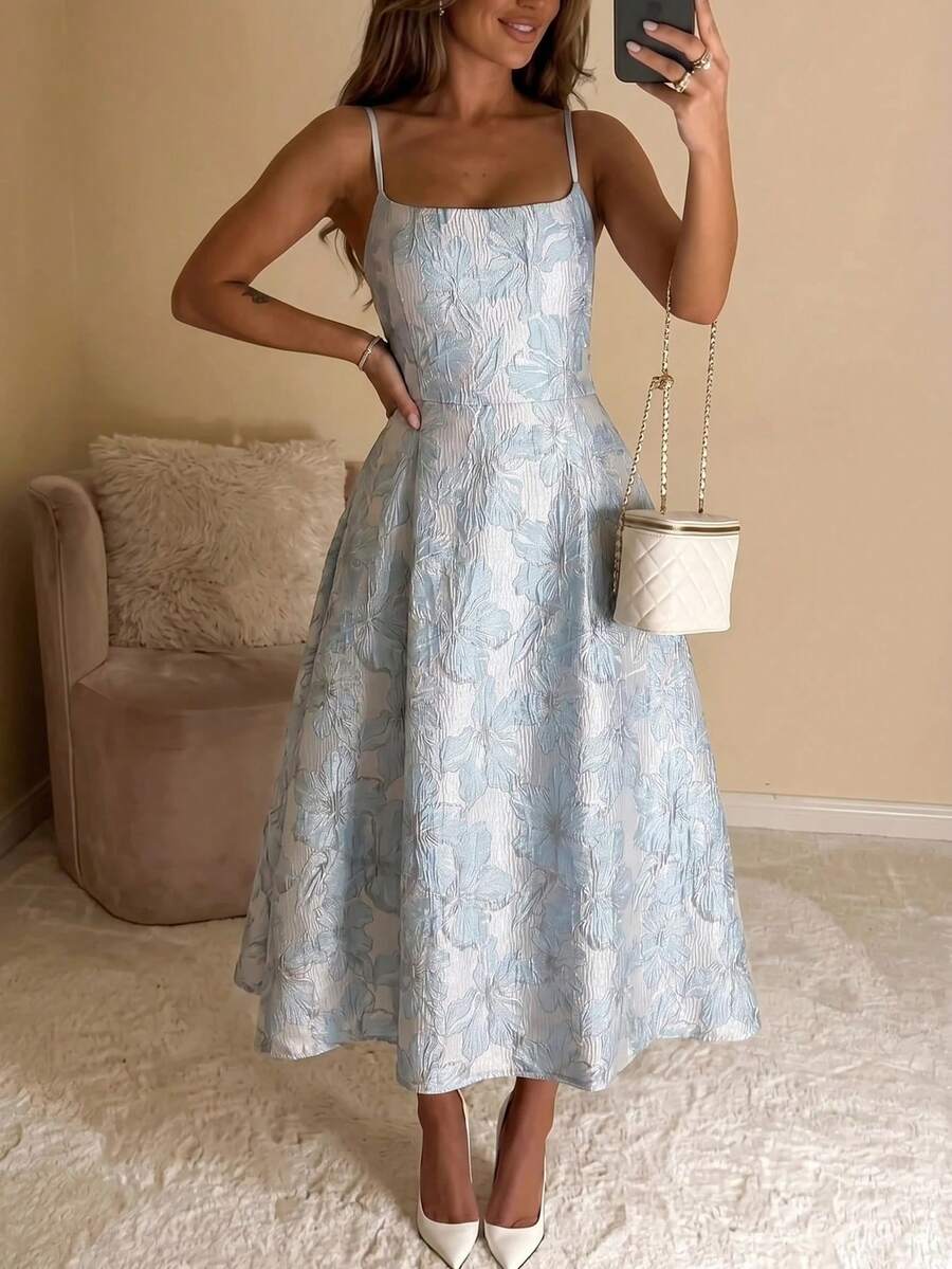 SHEIN Vintage 3D Floral Embossed Print Sleeveless A-Line Dress, Women's Holiday Dress, Women's Vacation Dress, Women's Party Dress, Elegant Vintage Women's Dress. Luxury Banquet Party Tea Dress, French Backless Hollow Elegant Princess Dress, Sexy Elegant Summer Women's Dress, Birthday Mid-Length Wedding Guest Dress, Mid-Length Elegant Bridal Dress, - Blue - View 1