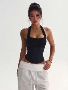 Easithlete Easithlete Kaos Olahraga Wanita Warna Polos, Potongan Slim Fit, Serbaguna untuk Pemakaian Sehari-hari, Model Halter Neck - Hitam - View 7