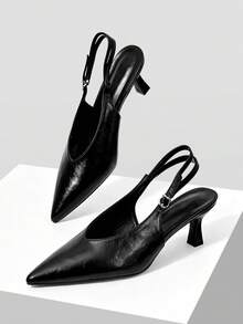 Mnmlis V-Shaped Hollow Double Thin Belt Adjustable Buckle, Pointed Toe Thin Middle Heel Simple Commuting Soft Leather Black Slingback Shoes - Black - View 1