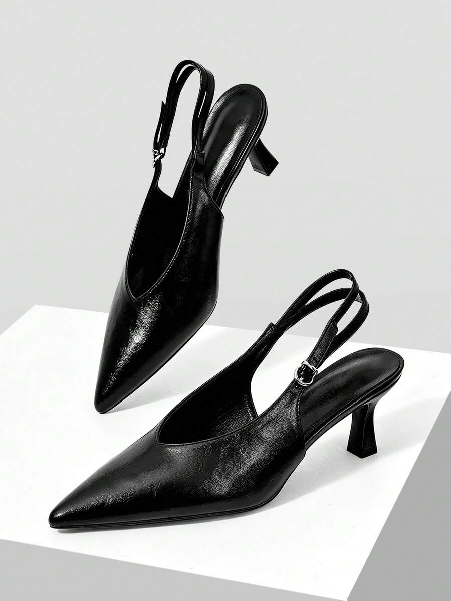 Mnmlis V-Shaped Hollow Double Thin Belt Adjustable Buckle, Pointed Toe Thin Middle Heel Simple Commuting Soft Leather Black Slingback Shoes - Black - View 1