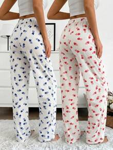 SHEIN Cottnline Cotton Line Women Heart Print High Waist Comfy Pants 2 Pcs Sleep Bottom Set – Multicolor, Heart - Multicolor - View 2