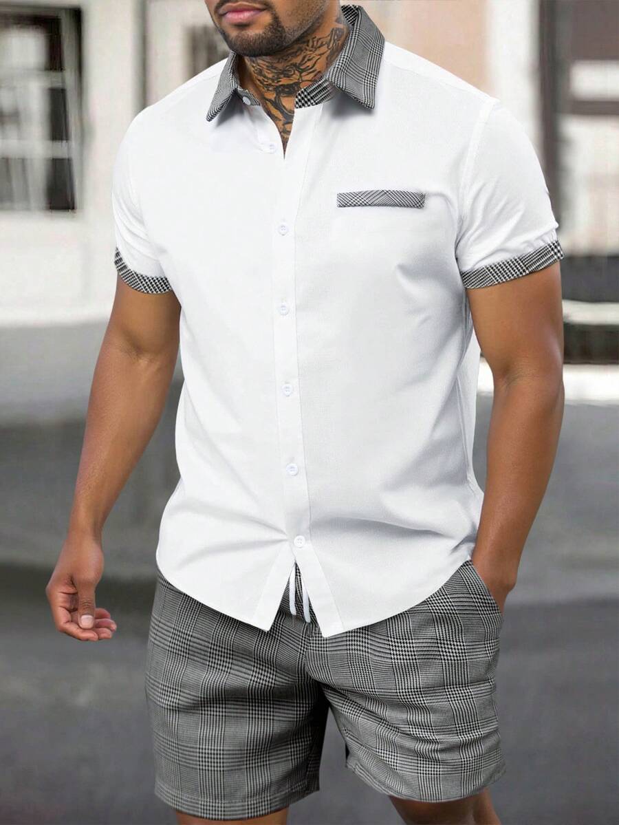 Manfinity Homme 男士拼接千鳥格短袖襯衫與短褲套裝,黑白格紋,夏季休閒修身穿搭,適合城市旅行、夏威夷、正式場合 - 彩色 - 查看 1